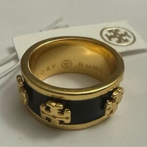 Tory Burch 18K Gold Enamel and Black Ring Size7